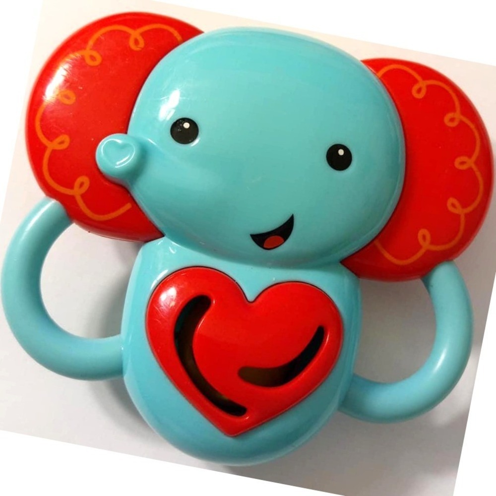 Mattel Elephant Baby Rattle Plastic Ringing Teal Blue Green Red Heart Handheld